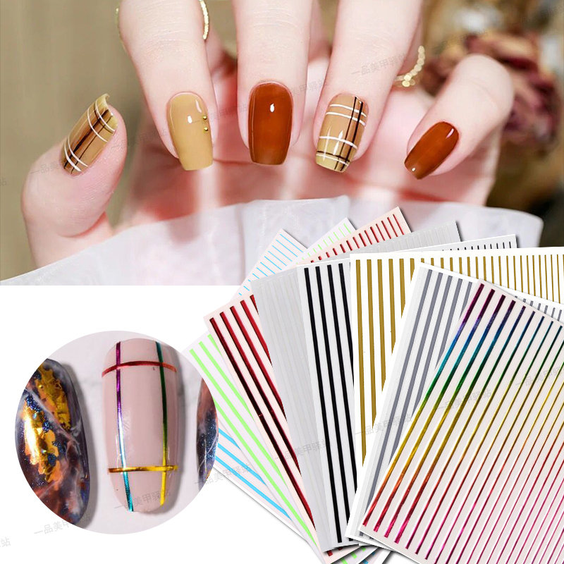 Nail Art Line Stickers, Iridescent Black and White Straight Lines, Fresh Trendy Gold Foil Fluorescent Lines, Versatile Nail Stickers
