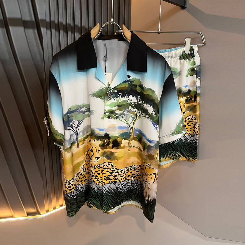 European Style African Savanna Casual Vacation Leopard Print Short-Sleeve Shirt and Beach Shorts Cool Men's Set Trendy