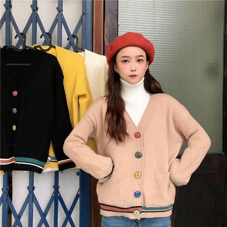 VK旗艦店 韓國學院秋冬彩色扣針織單品外套