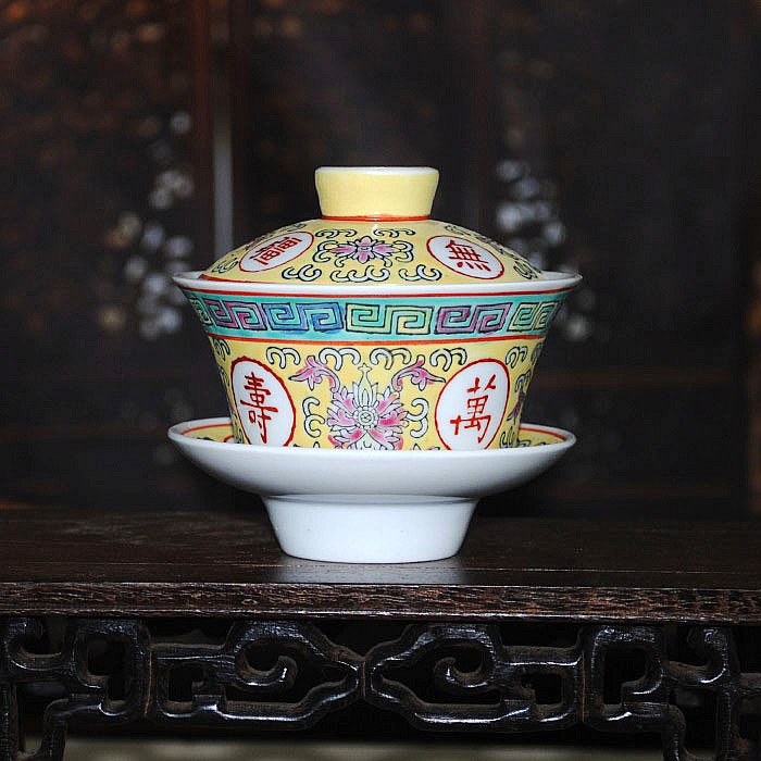 Jingdezhen Gốm Sứ Wenge Sứ Nhà Máy Hàng Hóa Đỏ Wanshou Wujiang Bìa Bát Vàng Xanh Retro Wedding Tea Set Cup Cup