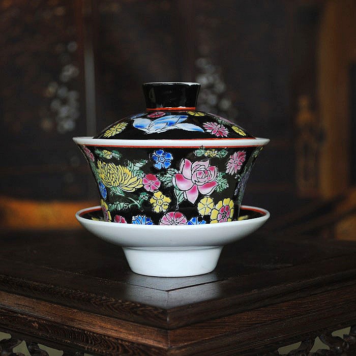 Jingdezhen Gốm Sứ Wenge Sứ Nhà Máy Hàng Hóa Đỏ Wanshou Wujiang Bìa Bát Vàng Xanh Retro Wedding Tea Set Cup Cup