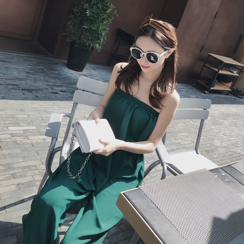 Hong Kong 2022 new waist and slim jumpsuit women's high waist wide trousers one word collar summer suit
