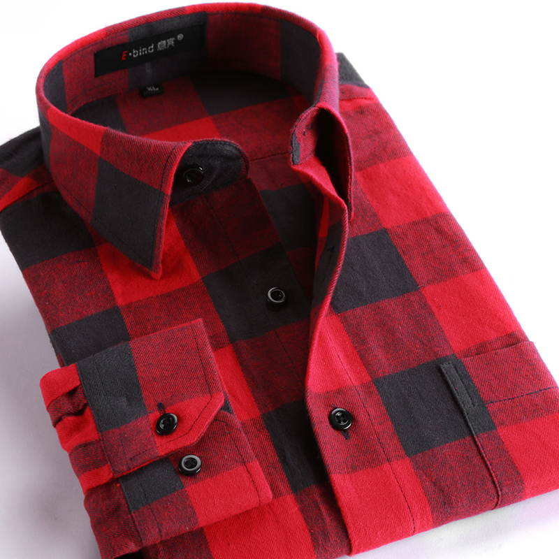 Spring and Autumn Long-Sleeved Shirt for Men, Brushed Cotton Shirt, Red and Black Plaid Top, Student Jacket, Men's Fashion Shirt, Trendy Brand