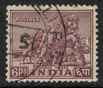 Indias 1949 ancient building common ticket 6p Konnarak Sun Temple sculpture pin 1 (stamp position is different)