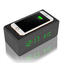 Multi-function mobile phone wireless charging wood clock Time temperature electronic clock Wood grain voice control Wood creative alarm clock