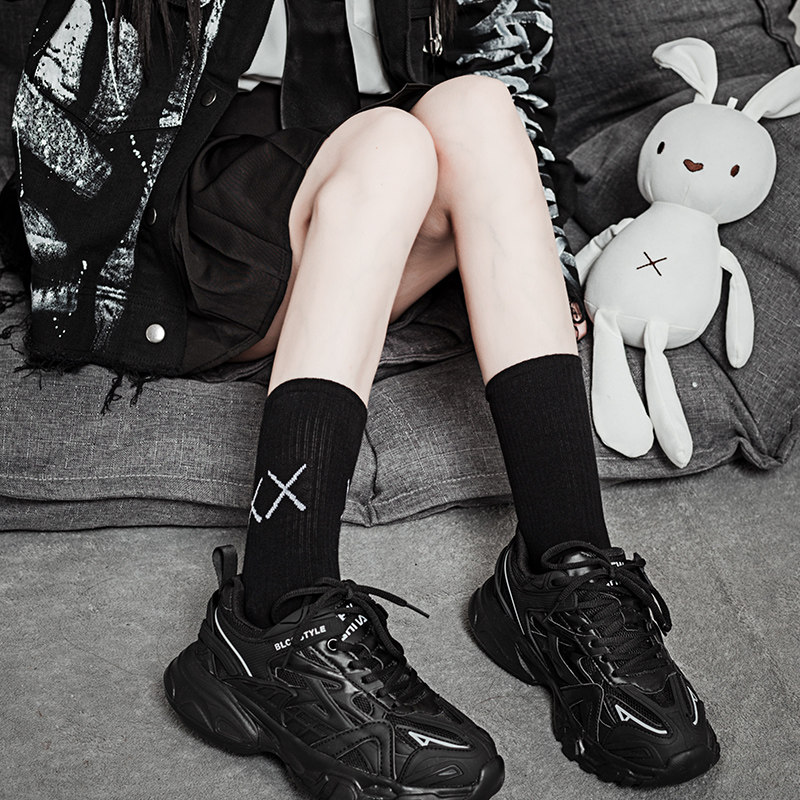 Summer socks female midbarrel socks Chains outside wearing black 100 lap day tying pure cotton South Korean street length silo socks high cylinder