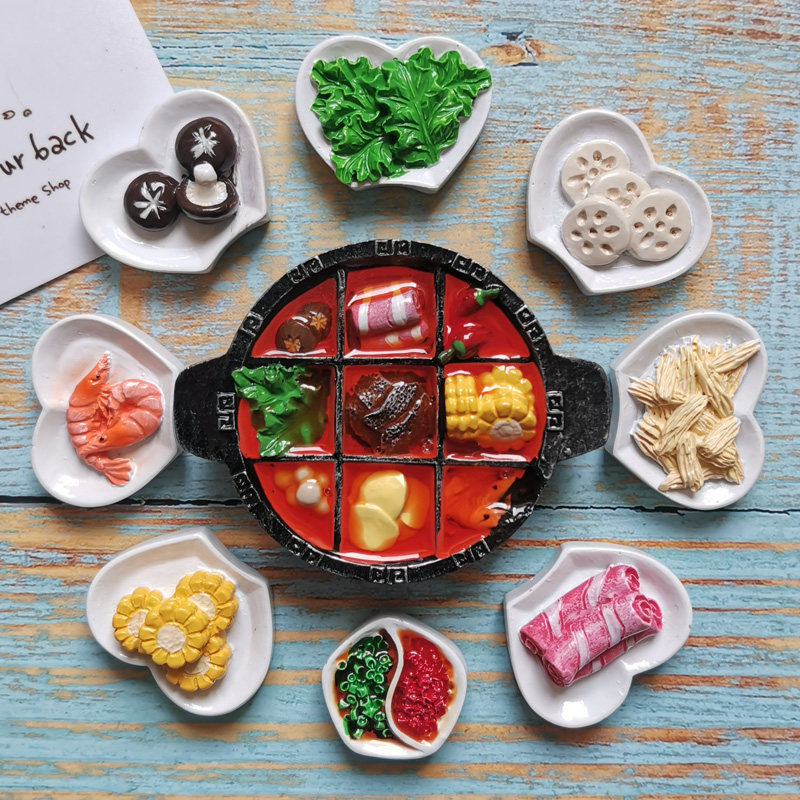 3D three-dimensional Chinese style Chongqing hot pot side dishes resin refrigerator stickers Jiugongge Yuanyang pot magnet food decoration stickers