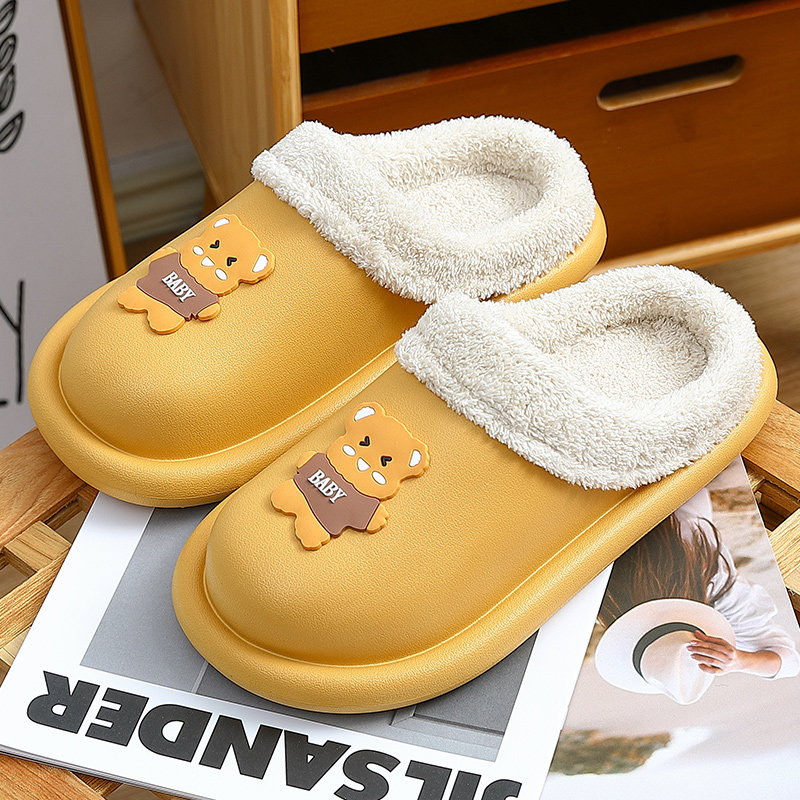 Winter slippers women's household waterproof EVA all-in-one plus velvet plastic couple cute cartoon plush cotton slippers men