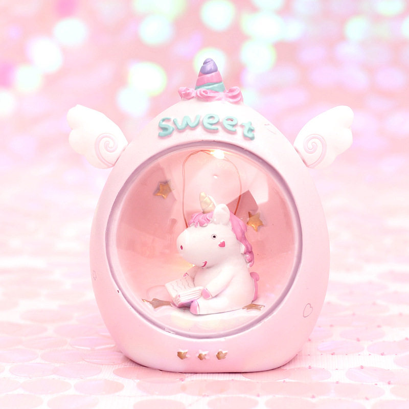ins Girl heart girl room layout Bedroom bedside table decorations Small ornaments Unicorn night light pink