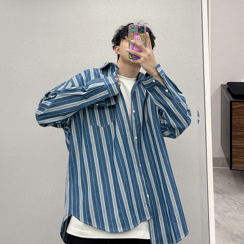 PGUP STUDIO spring new national tide high street retro handsome loose vertical stripes color matching long-sleeved shirt men