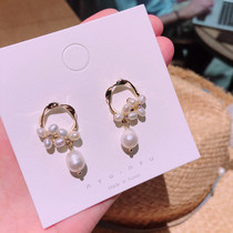 S925 silver needle Korea Dongdaemun new pearl rhinestone plated real gold geometric long earrings for women small and exquisite