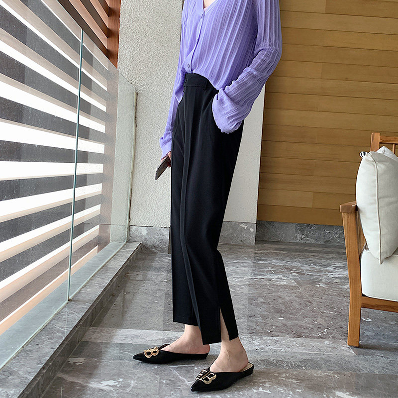 Suite pants Summer thin high waist straight tube loose black pipe pants appear thin fork nine-point casual turnip pants
