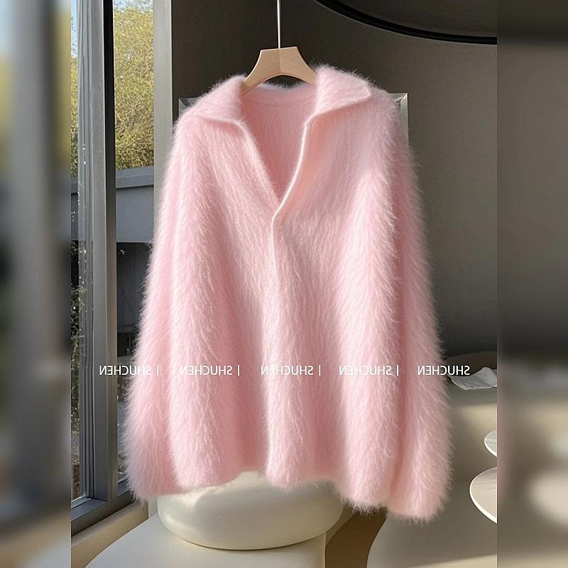 ユニークで美しいピンクのトップ、ゆったりとしたレイジーラペルセーター、女性用2025年秋冬、ハイエンドの超かっこいいセーター