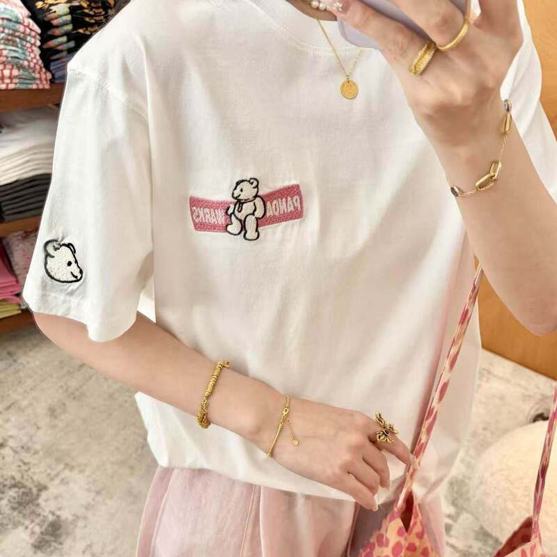 Short-Sleeved Pandawarks Panda Paper Bag "26202 Bar Bear" Pure Cotton Round Neck Half-Sleeved T-Shirt for Women Summer