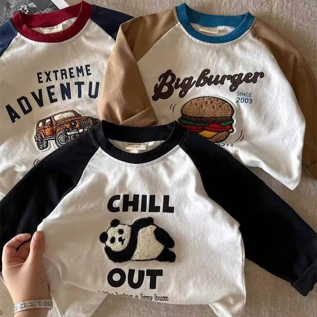 Children's spliced ​​T-shirt long-sleeved spring boy's fashionable top contrasting color trendy baby cartoon base shirt for women pure cotton