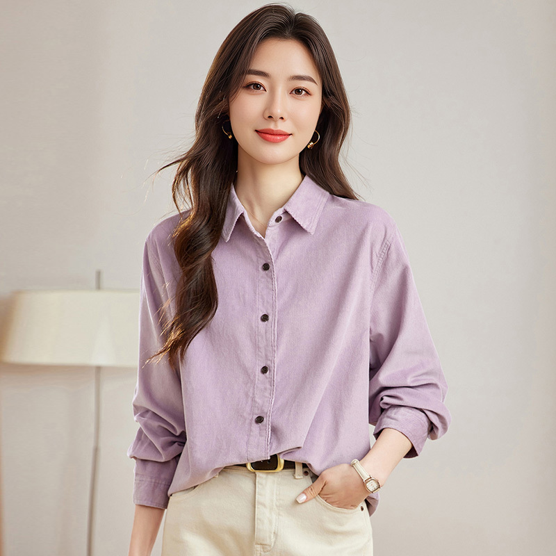 Thick Pure Cotton Brushed Corduroy Shirt for Women, Long-Sleeved, Loose Fit, Large Size, All-Cotton, Fleece-Lined Shirt Jacket for Spring and Autumn