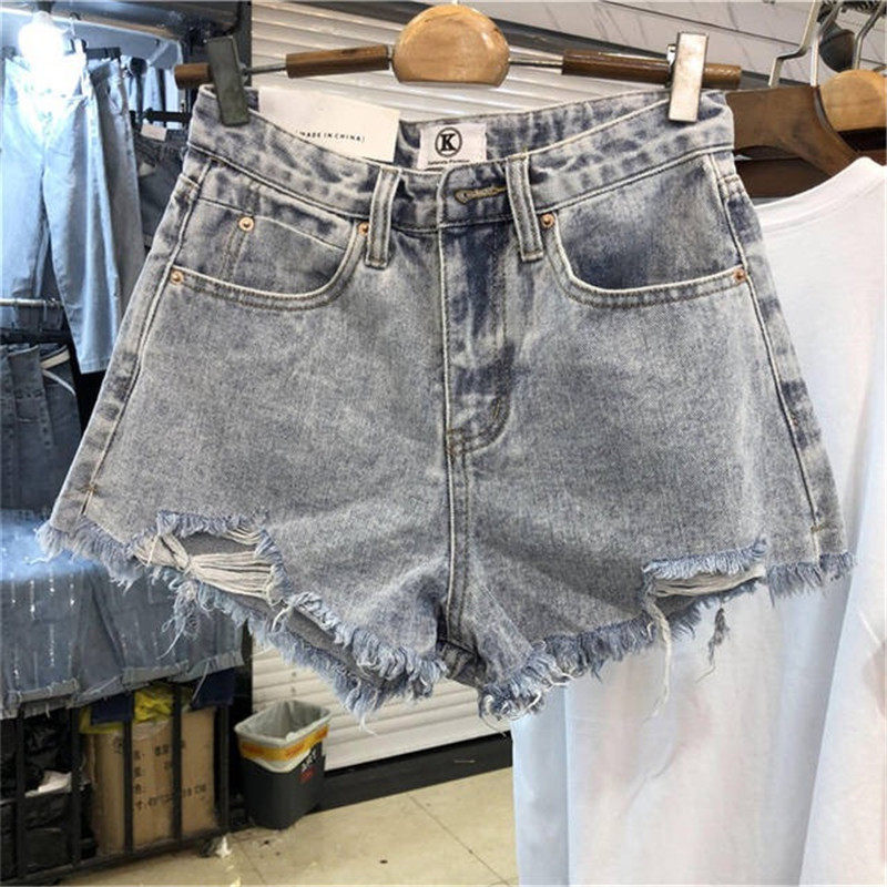 KALAN XIU Card Blue Show Denim Shorts Women's Spring and Summer Korean High Waist Skinny Burr Broad Legs Tide