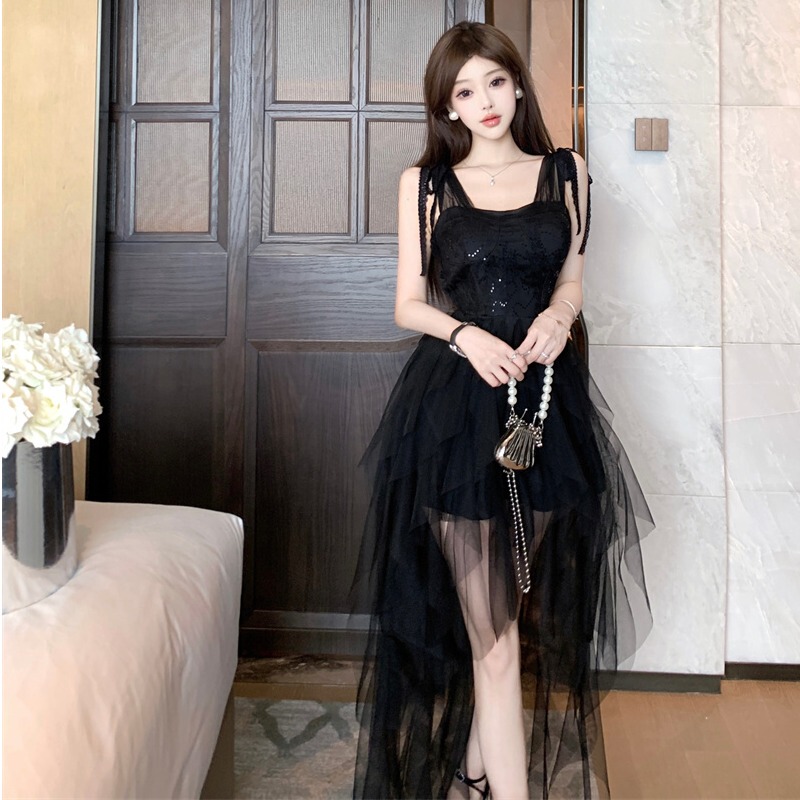 High-End Irregular Trailing Mesh Sleeveless Slip Dress, Slim-Fitting, Heavy-Duty Swallowtail Formal Long Dress