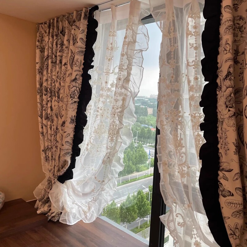 French Mid-Century Style Floral Fabric Thickened Chenille Jacquard Black Blackout Curtains for Living Room and Bedroom with a High-End Feel French Mid-Century Style Floral Fabric Thickened Chenille Jacquard Black Blackout Curtains for Living Room and Bedroom with a High-End Feel