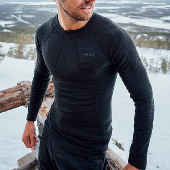 German Imported Falke Wool-Tech Lightweight 55% Wool Thermal Crew Neck Base Layer Top for Men