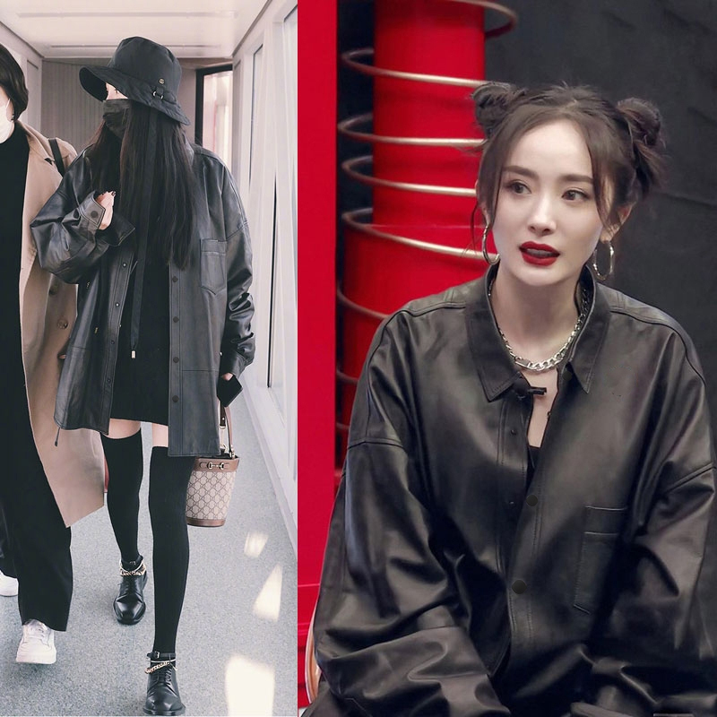 Yang Mi Celebrity Style Women's Spring and Autumn French Motorcycle Pu Leather Jacket, Mid-Length Stylish Black Shirt Clothing