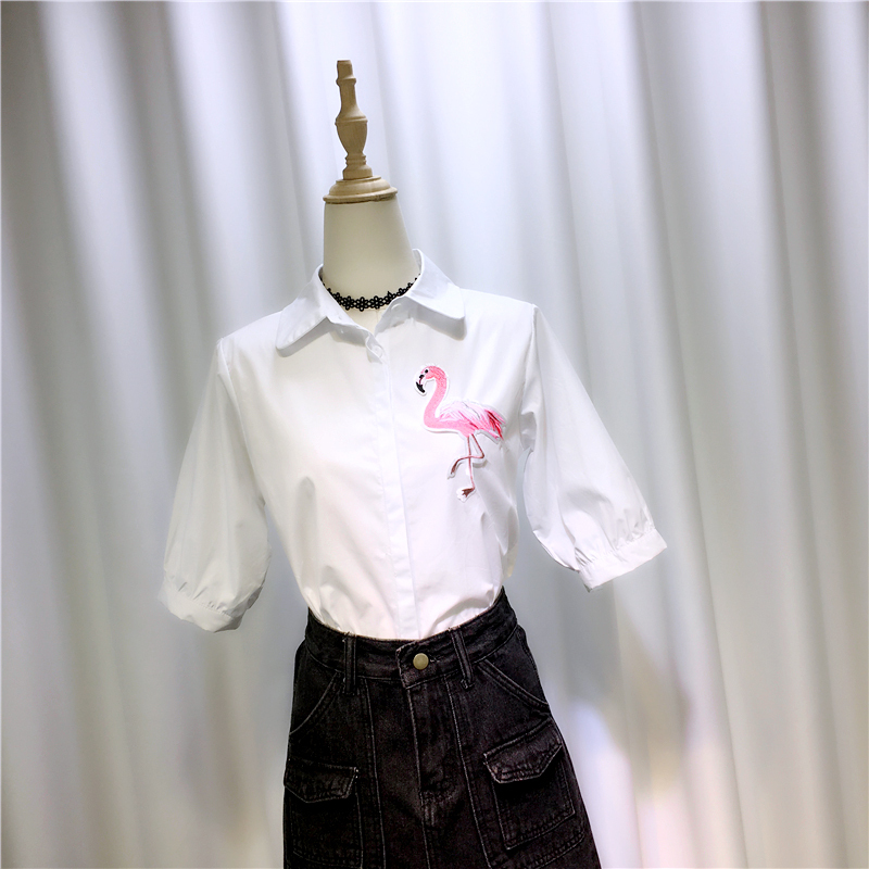 Embroidered Flamingo White Shirt, New Summer Style, Slimming Five-Quarter Sleeve Shirt, Women's Trendy Top