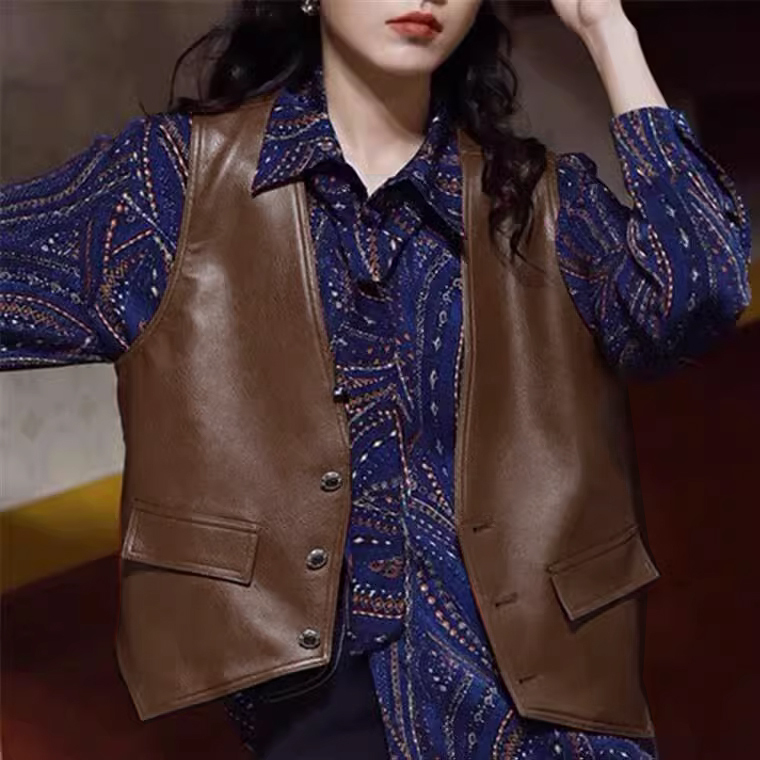 British Style Leather Vest for Women, Spring and Autumn Jacket, Retro Fashion Pu Leather Vest, Short Brown Outerwear, Dark Coffee Color
