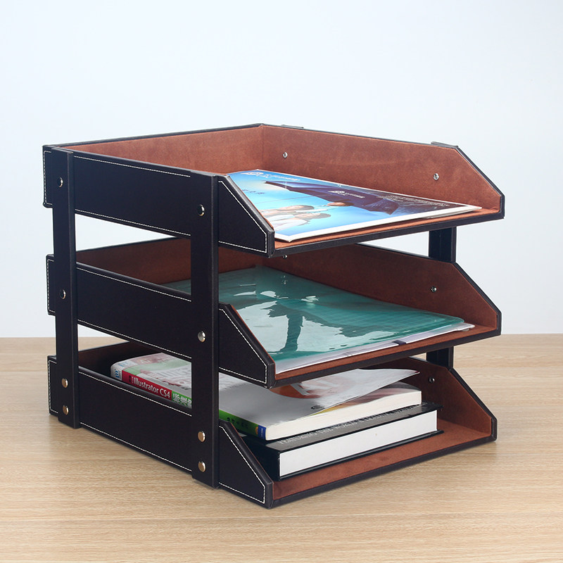 Creative Leather Triple Layer a4 File Holder Clip Multifunction Multilayer Information Shelf Office Desktop Containing Box Wood