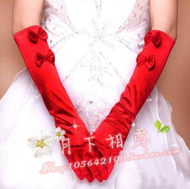 Bride Han Style Wedding Dress Gloves Wedding Gown Gloves Red long gloves with satin gloves lengthened gloves