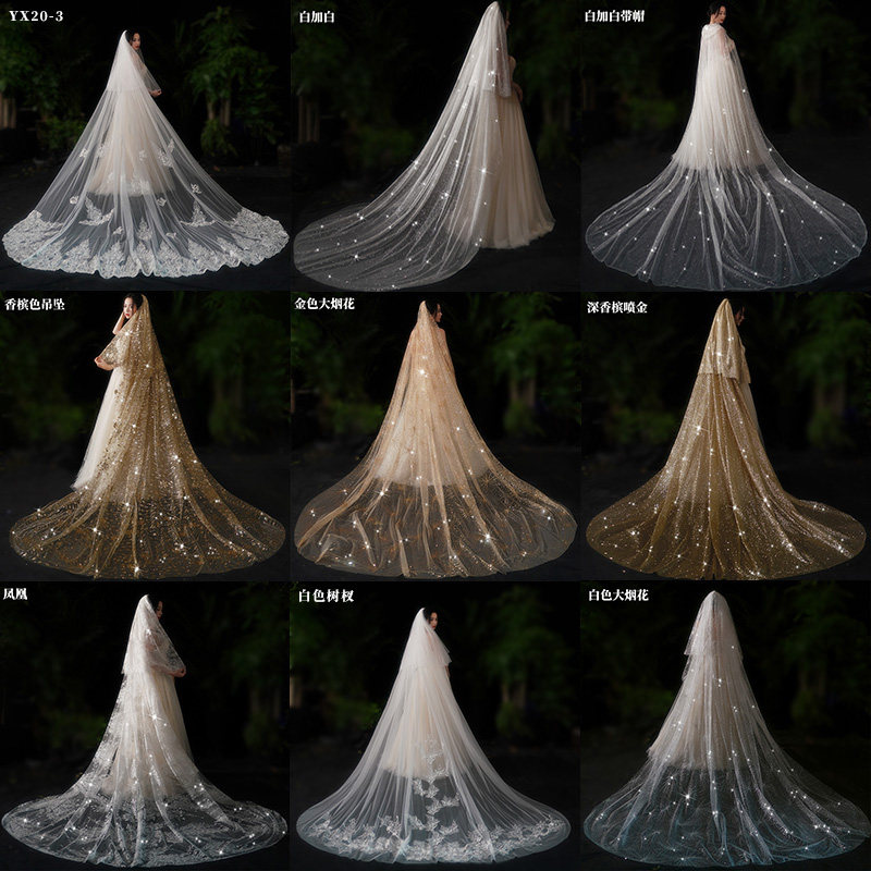 Bride wedding long version big drag tail head yarn shake with the same style flash starry sky veil supersenssen photo prop woman