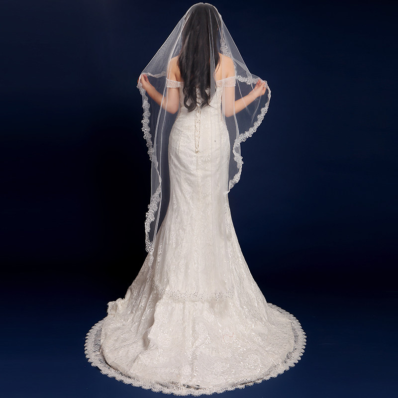 Bridal Head Yarn New Wedding Wedding Dress Head Yarn Long Version Han Style Lace Lace Soft Yarn Head Yarn Super-long Tug Tail