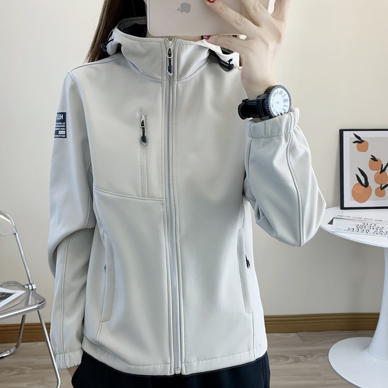 春秋用レディースソフトシェルジャケット：アウトドア防風保温コンポジットフリースアウター、防水フリース裏地付きスポーツジャケット