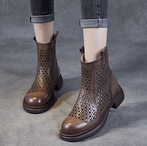 Genuine leather Chelsea hollowed-out sandal womens shoes with retro thin models Martin boots Inron 100 hitch heel short boots