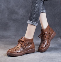 Genuine Leather Cool Boots Hollowed-out Woman New Retro Short Boots Summer Flat Base Sandal Lace Soft Bottom Breathable Martin Boots Mesh