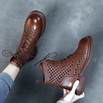Genuine leather hollowed-out cool boots womens new 100 hitch womens shoes thick bottom fashion slim medium heel short boots ins nets red Martin boots