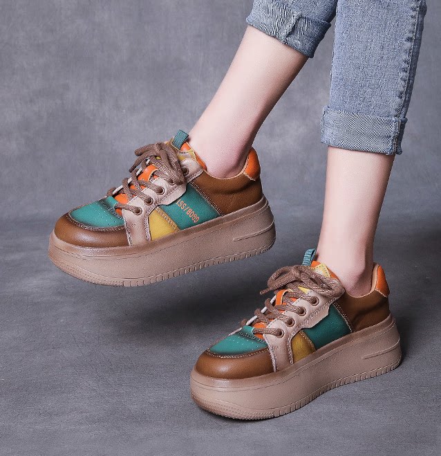 Leather daddy shoes women's thick bottom lightweight 2022 new retro color matching candy color women's shoes muffin casual sports shoes