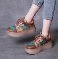 Genuine leather Old Dad shoes womens thick bottom light 2022 new retro collage Candy Color Women Shoes Songcakes Casual Sneakers