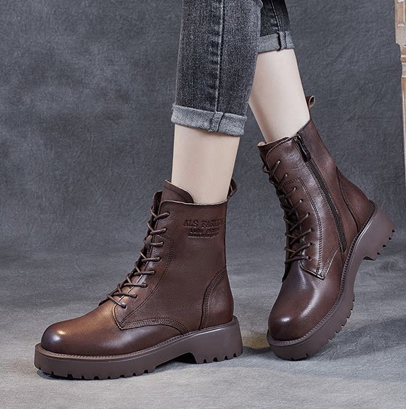 Leather thick-soled Martin boots women's new retro thick medium heel round toe medium tube British style soft leather short boots top layer cowhide