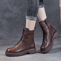 Genuine leather thick bottom Martin boots woman new retro coarse heel with round head drum Inn wind soft leather Short boot layer of cow leather