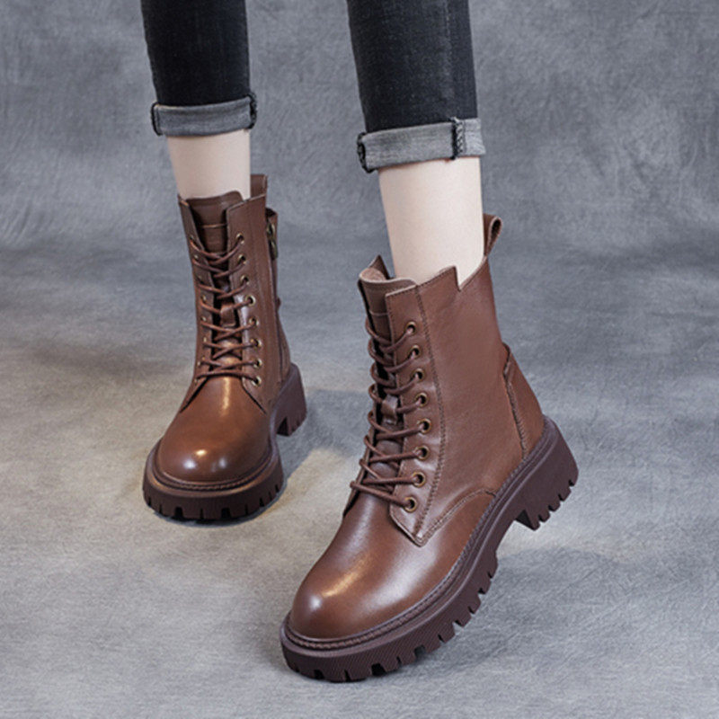 Leather thick heel ankle boots women's 2022 autumn and winter new thick-soled soft leather British wild round head retro skinny Martin boots