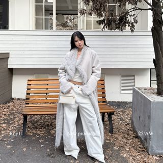 ROY11 马德里往事灰色麂皮一体绒大衣女冬季保暖过膝收腰显瘦外套