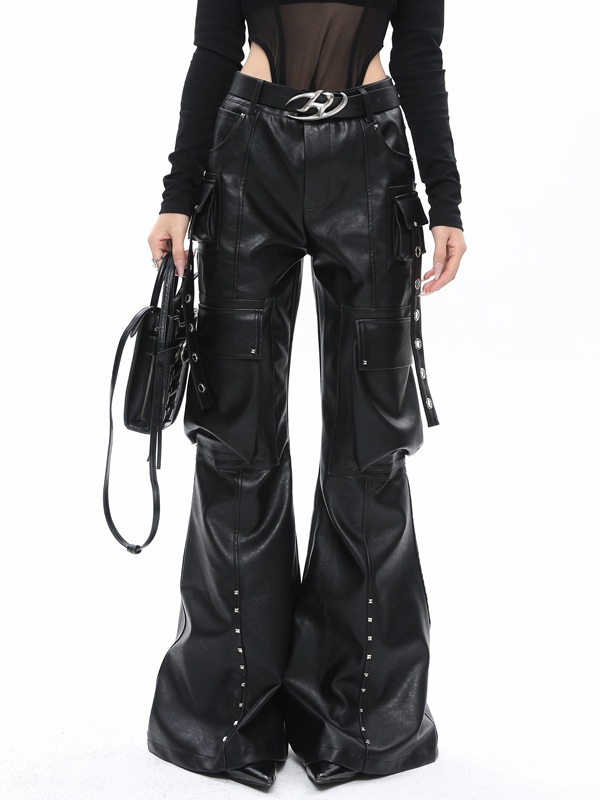 Roy11 American-Style Niche Design Pu Leather Pants for Women, High-Waisted, Slimming, Straight-Leg, Slightly Flared, Floor-Length Pants Roy11 American-Style Niche Design Pu Leather Pants for Women, High-Waisted, Slimming, Straight-Leg, Slightly Flared, Floor-Length Pants