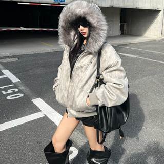 ROY11 美式座山雕 扎染纯色毛毛连帽高级感拉链棉服加厚宽松外套