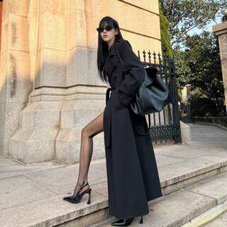 ROY11入冬黑色高级感气质过膝中长款风衣辣妹收腰休闲大衣外套潮