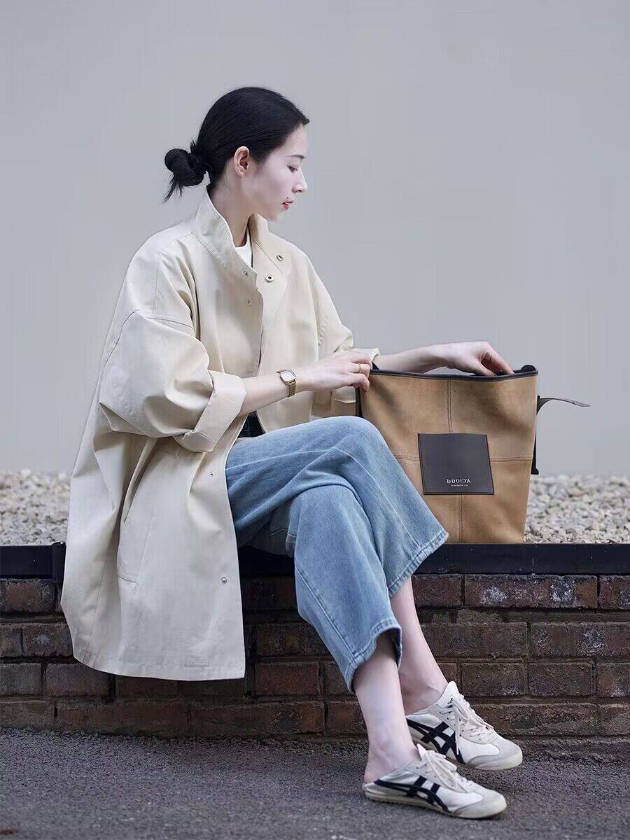 レディースミドル丈トレンチコート、2026年春秋新作、小柄向け、高級感、和風、ゆったりとしたカジュアルワークウェアコート
