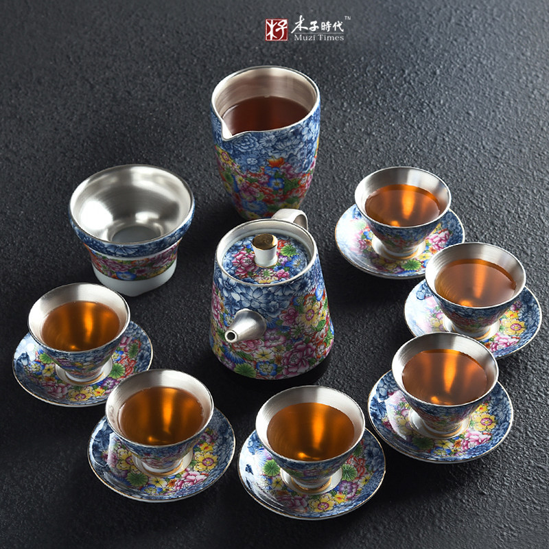 Jingdezhen Enamel Color Pure Silver Tea Set Group of Clive Silver Ceramic Gongfu Tea Set Group Domestic teapot cover Bowl Gift Box