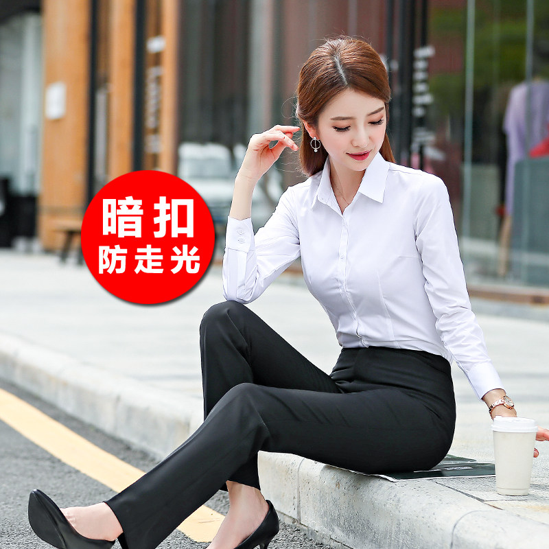 White shirt women's professional wear long sleeve overalls 2021 spring new tooling temperament OL dress top collar shirt inch
