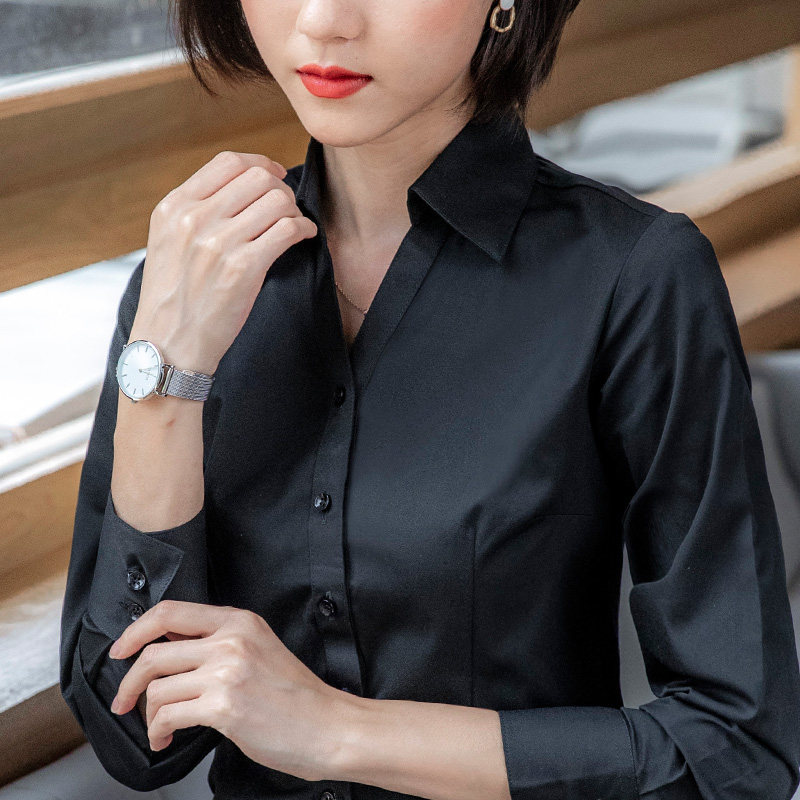 Black professional shirt female long-sleeved V-neck formal dress 2023 spring new temperament fashion tooling shirt overalls