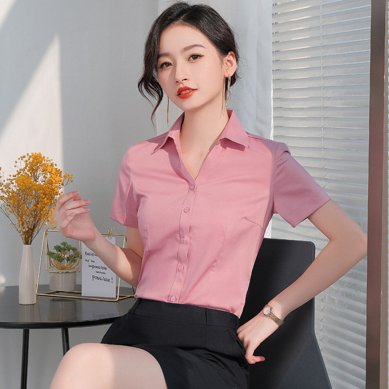 Career shirt women short sleeve V collar work clothing 2023 summer new pink half - sleeve shirt inch