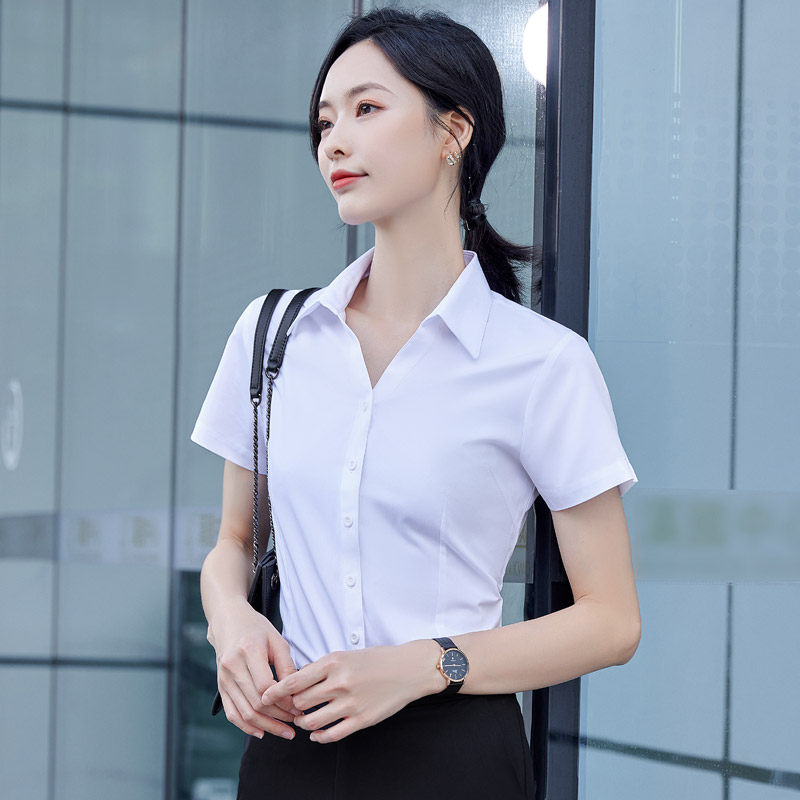 V-collar white shirt women short sleeves professional working clothes temperament semi-sleeve loading hot-fitted elastic shirt inch